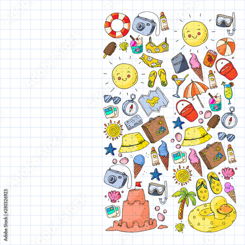 Vector pattern with travel and beach icons.