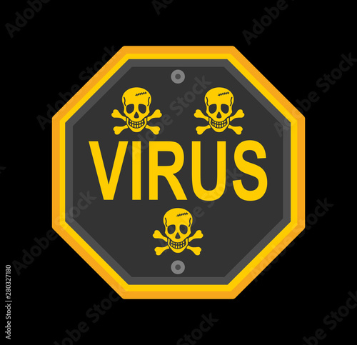 Virus icon yellow alert panel with skull on black background 