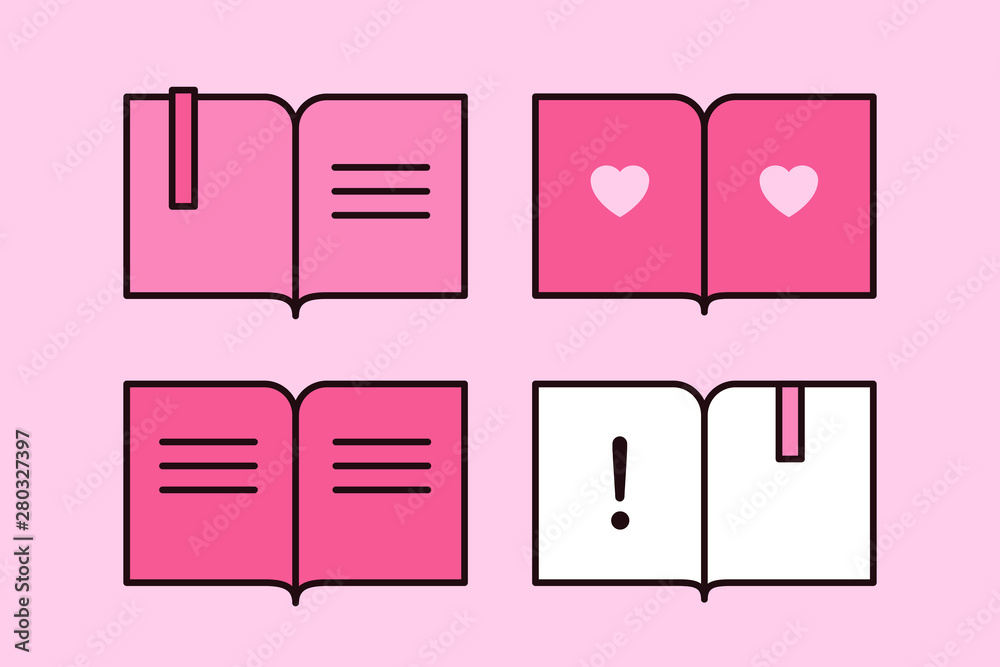 Cartoon books icon set. Learning sign design with coral flat textbook. Web education, book shop, study logo template