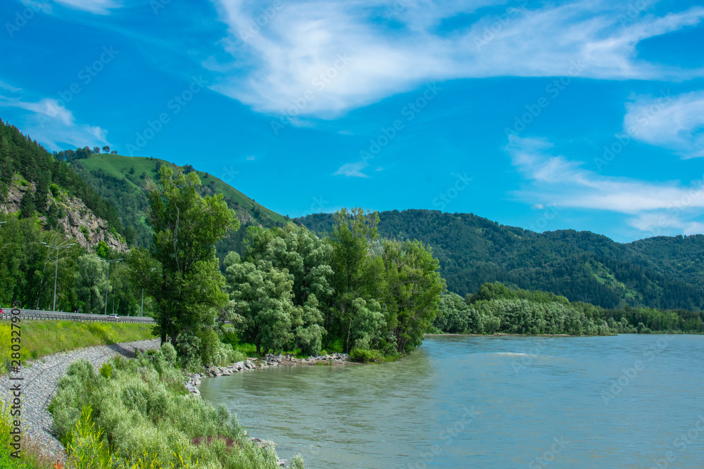 landscape lake and blue sky with clouds