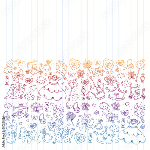 Princess birthday party for little girls. Kindergarten, school children picture. Illustration for children with castle, fairy, dress, crown.