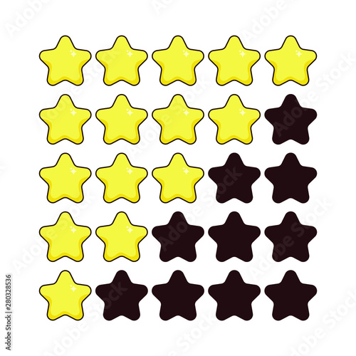 Golden star rating cartoon style. Quality sign for apps and websites. One, two, three, four or five stars