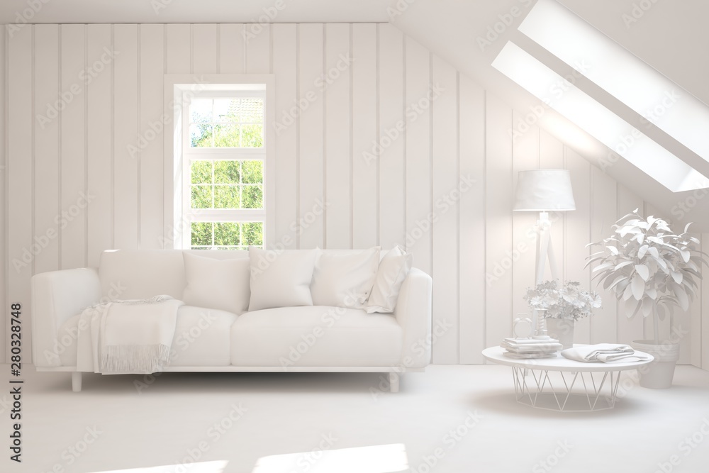Mock up of stylish room in white color with sofa. Scandinavian interior design. 3D illustration Mock up of stylish room in white color with sofa. Scandinavian interior design. 3D illustration