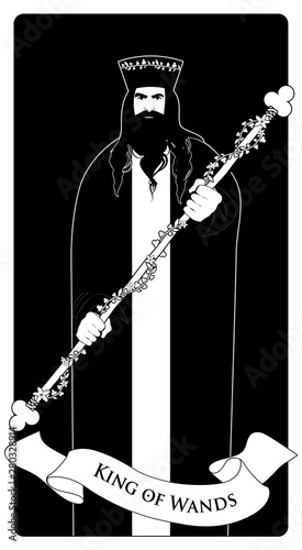 King of Wands with crown and symbolic trefoil, holding a rod surrounded by a garland of leaves and flowers. Minor arcana Tarot cards. Spanish playing cards