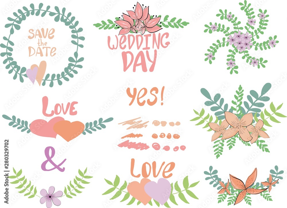 Fototapeta premium Wedding graphic set of floral frames with inscriptions and elements for design. Vector illustration for posters, invitations, templates, menus.