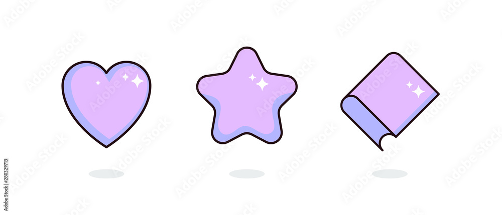 Cartoon icon set. Heart, star and book purple pictogram on white background Cartoon icon set. Heart, star and book purple pictogram on white background