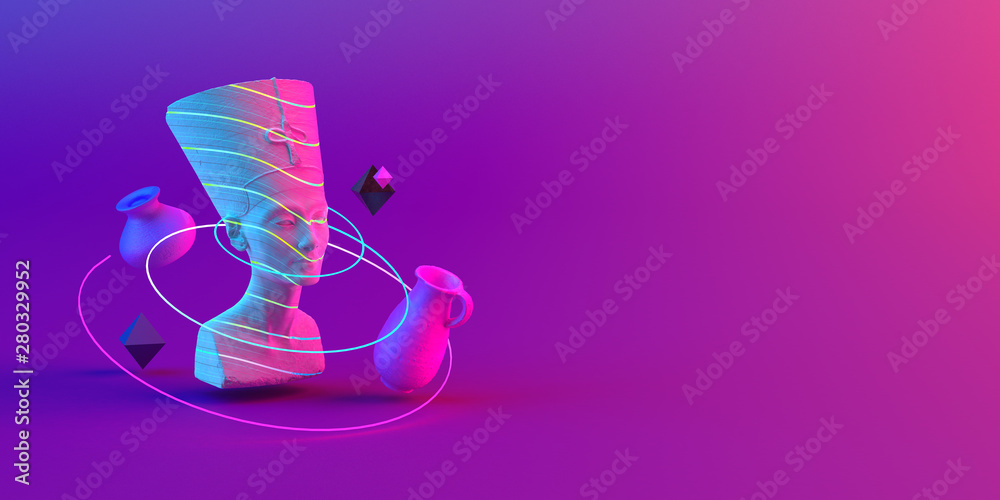 Naklejka 3d-illustration of an abstract composition of sculpture and primitive objects on violet background