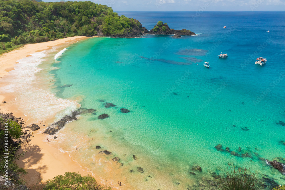 Aerial view of Baia do Sancho in Fernando de Noronha, consistently ranked one of the world's best beaches