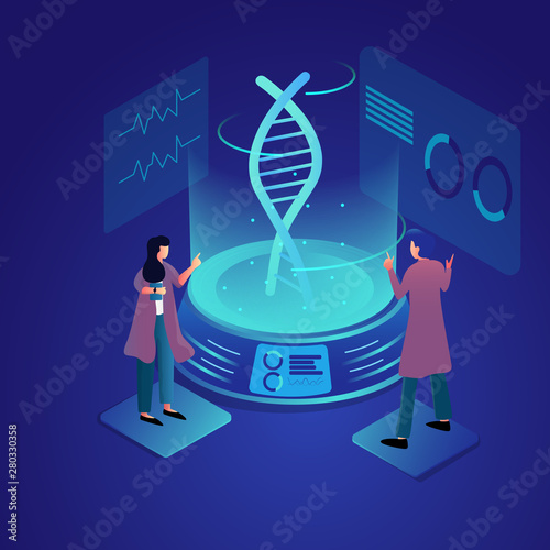 Isometric medical research for web landing page. Doctor and assistant are research DNA chromosome in biotechnology and nano laboratory.  Vector illustration design.