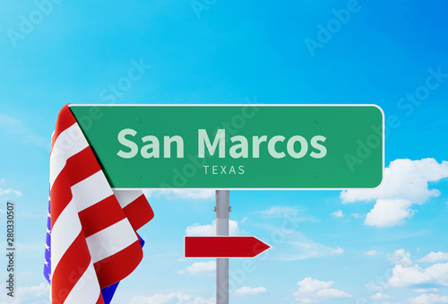 San Marcos – Texas. Road or Town Sign. Flag of the united states. Blue Sky. Red arrow shows the direction in the city. 3d rendering