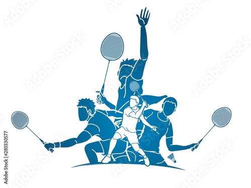 Group of Badminton player action cartoon graphic vector