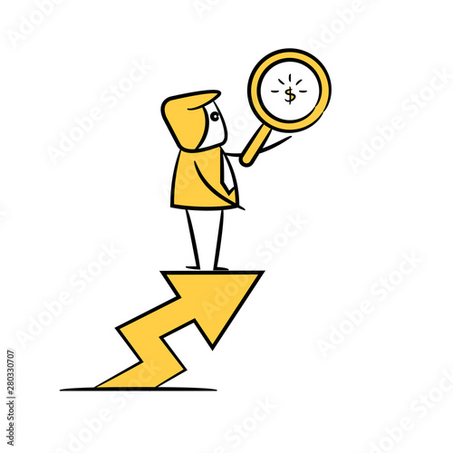 businessman standing on arrow chart using magnifier searching money yellow stick figure theme