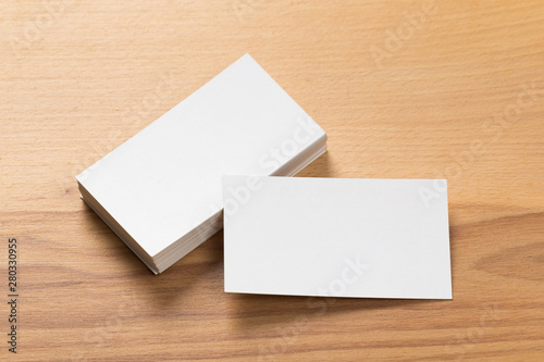 Mockup of business cards stack at wooden background. Design concept. Template for branding identity.