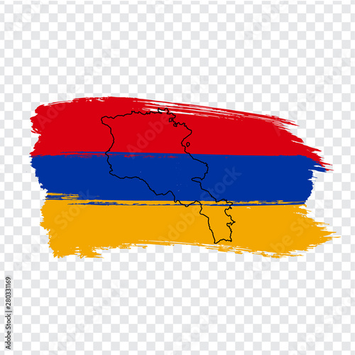 Flag of Armenia from brush strokes and Blank map of  Armenia.  High quality map Armenia and flag on transparent background. Stock vector.  EPS10.