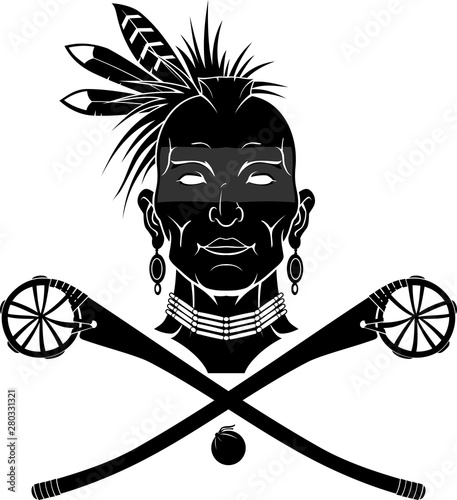 Vintage Sport Emblem, Native Indian Head with Lacrosse Sticks
