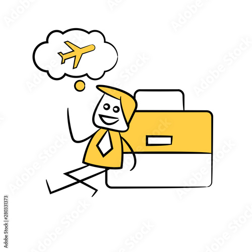 businessman dream ton travel ,sitting next to briefcase yellow stick figure theme