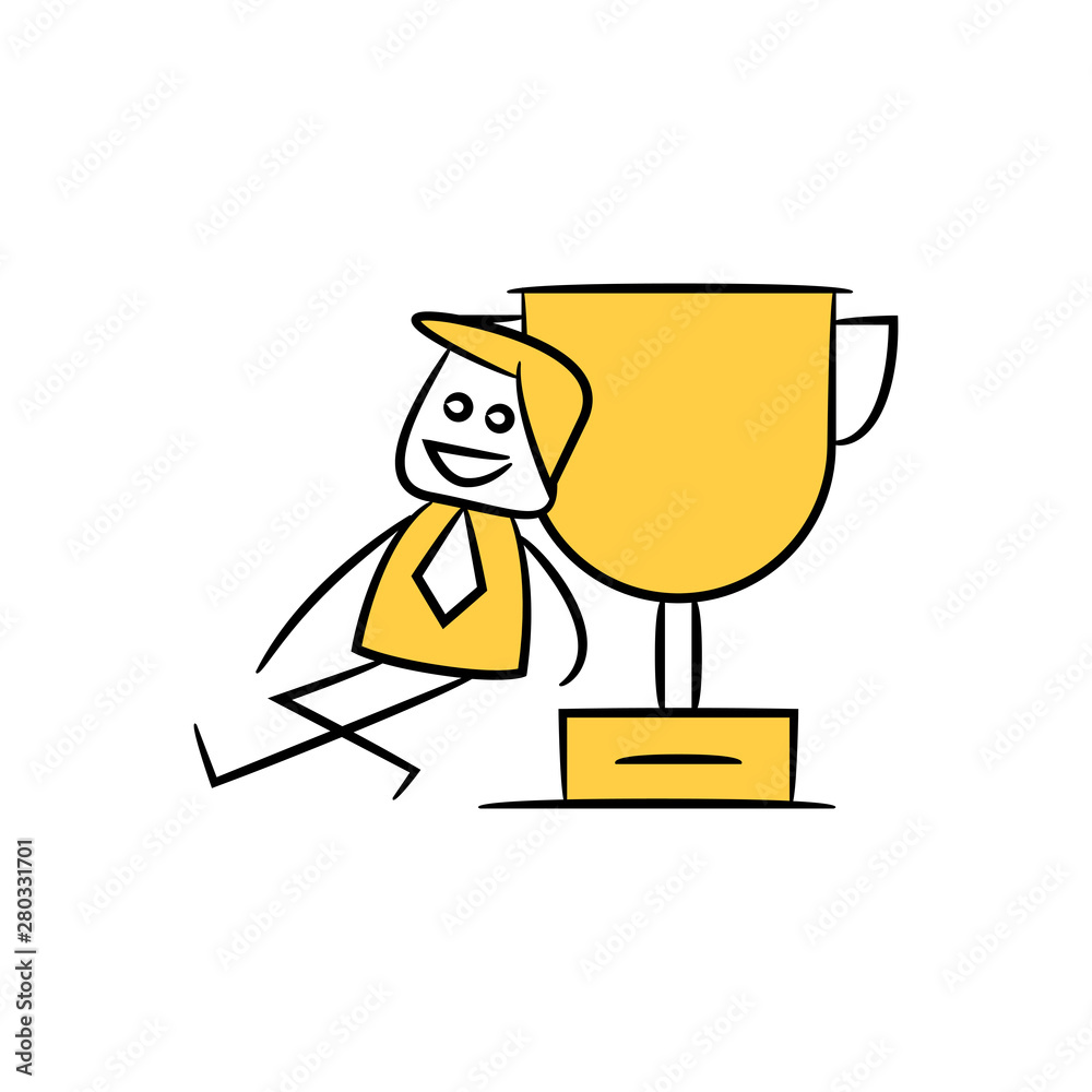 businessman sitting next to trophy yellow stick figure doodle theme