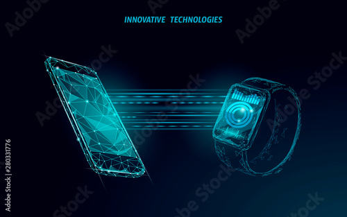 Smart watches touch screen modern technology concept. Low poly polygonal tracking app. Healthcare device network connection media graph. Wearable gadget mobile interface banner vector