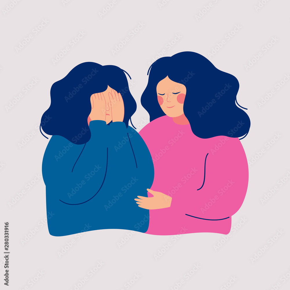 Young woman comforting her crying best friend. Depressed girl covering ...