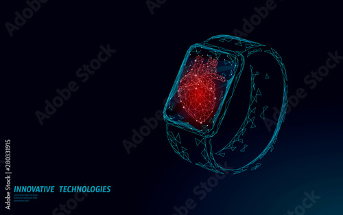 Smart watches fitness tracker health care device. Medicine app business concept. Human heart beat sport monitor modern design. Low poly polygonal design banner vector illustration