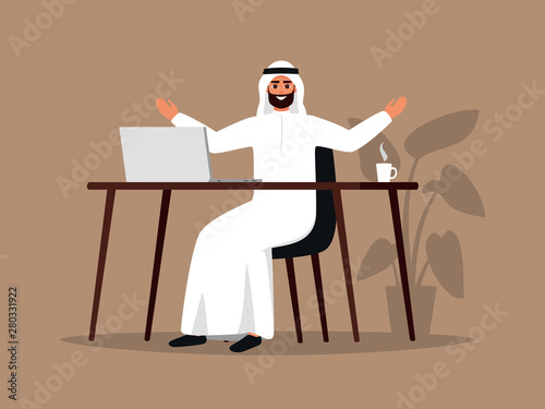 Cartoon Arab man sitting at the table with computer in office. Happy Muslim employee wearing white clothes working at home or office. Color vector illustration in flat style.
