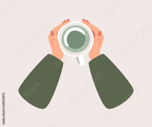 Top view a Cup of green tea warms a human hands. Cozy autumn concept in flat cartoon style.