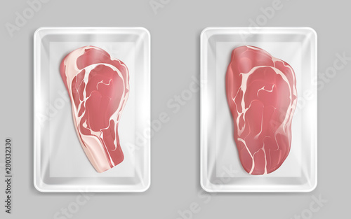 Fresh meat marble beef steak in plastic package, raw beef pieces isolated on grey background. Organic product, element for advertising of farmers market. Realistic 3d vector illustration, clip art