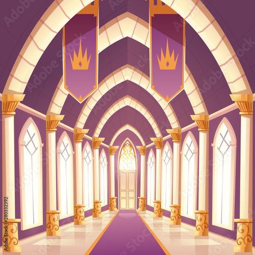 Palace hall, castle column empty corridor interior, gorgeous hallway with pillars, arched windows, carpet on floor, flags with crown, perspective view, antique architecture Cartoon vector Illustration