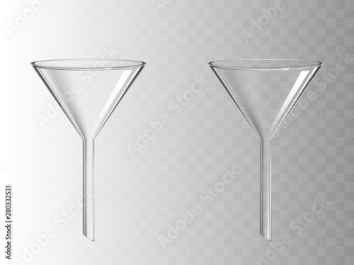 Glass funnel, glassware for chemical laboratory isolated on transparent background, filter instrument for liquids filtration, medical science lab equipment. Realistic 3d vector illustration, clip art