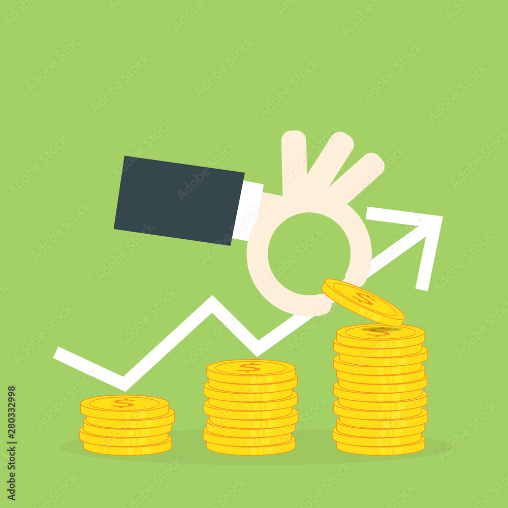 Hand putting coin on dollar coin stack growing graph with green background,investment concept,Business Finance and Save Money concept Hand putting coin on dollar coin stack growing graph with green background,investment concept,Business Finance and Save Money concept