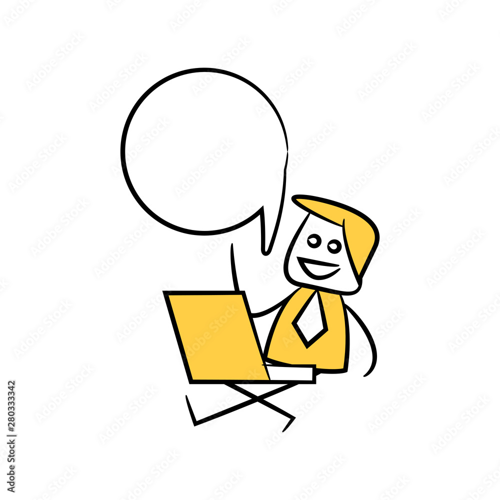 businessman sitting with laptop and speech bubble yellow stick figure theme businessman sitting with laptop and speech bubble yellow stick figure theme