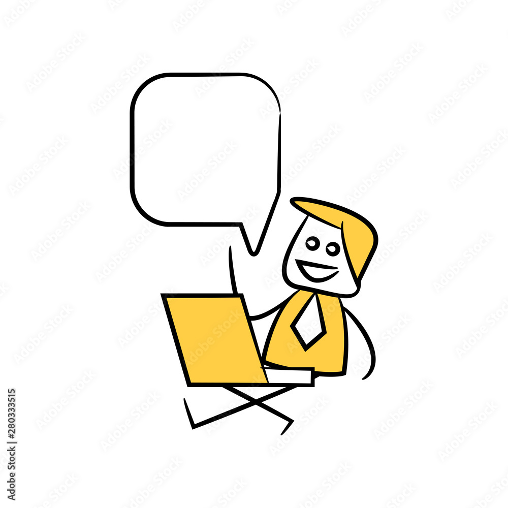 businessman sitting with laptop and speech bubble yellow stick figure theme