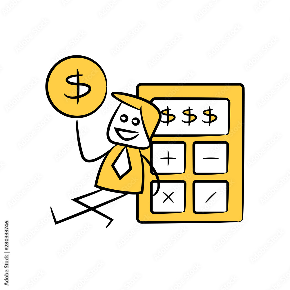 accountant or businessman holds out money and sitting next to calculator yellow stick figure theme
