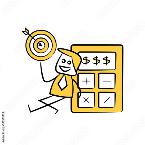 accountant or businessman holds out dart and sitting next to calculator yellow stick figure theme