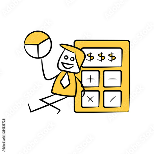 accountant or businessman holds out pie chart and sitting next to calculator yellow stick figure theme