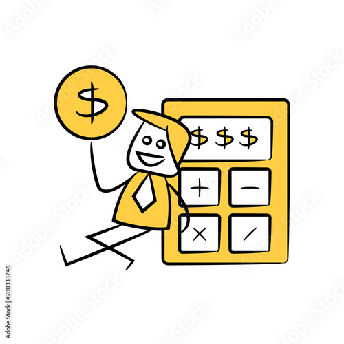 accountant or businessman holds out money and sitting next to calculator yellow stick figure theme