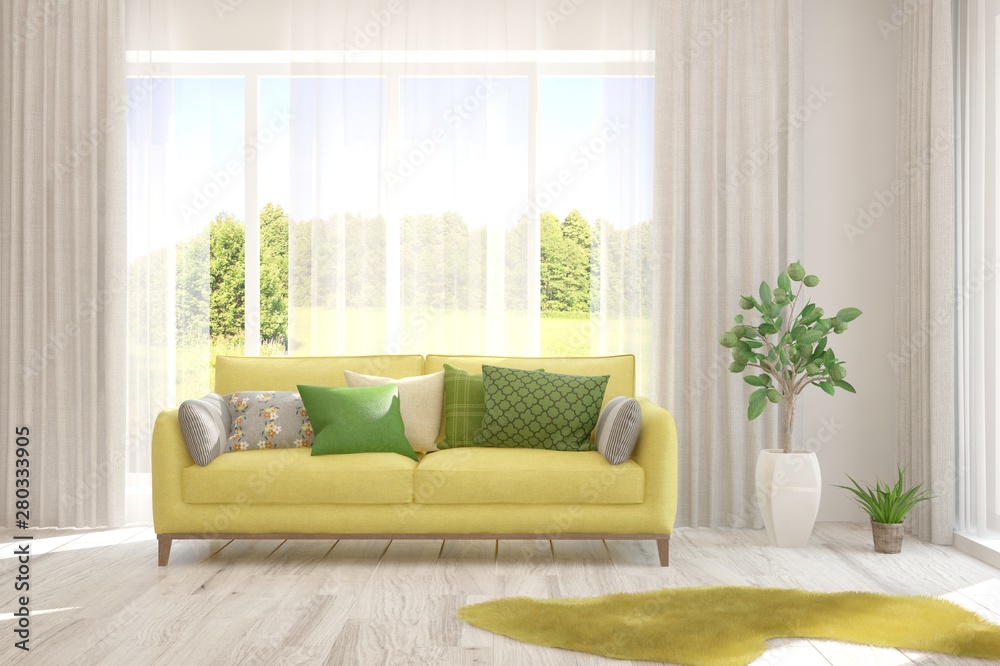 Fototapeta premium Stylish room in white color with sofa and summer landscape in window. Scandinavian interior design. 3D illustration