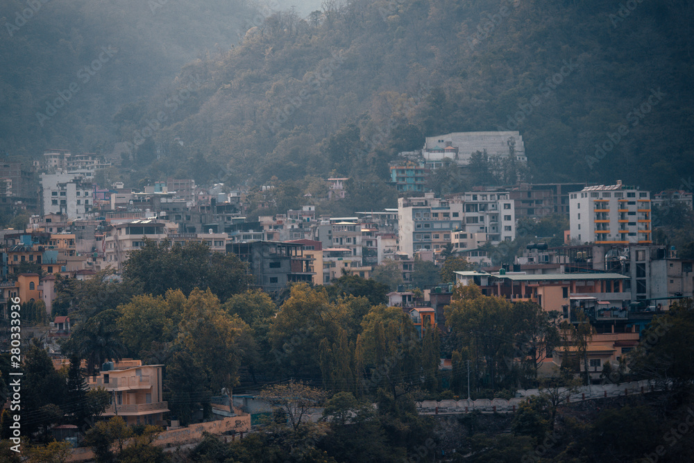 View of the buildings in Rishikesh city in Uttarakhand, India