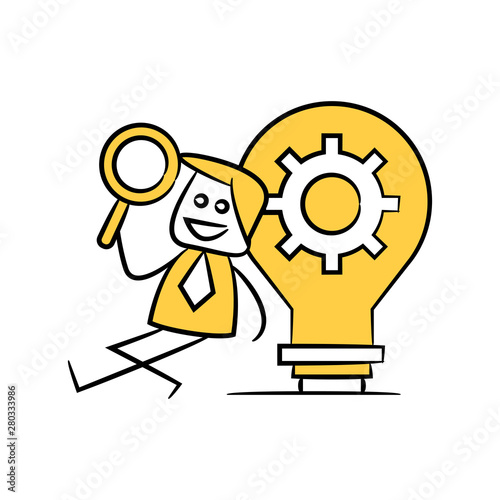 businessman holding magnifier glass and sitting next to light bulb gear yellow stick figure theme