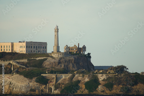 SAN FRANCISCO, CALIFORNIA, UNITED STATES - NOV 25th, 2018: Alcatraz Island with famous prison building during sunny day