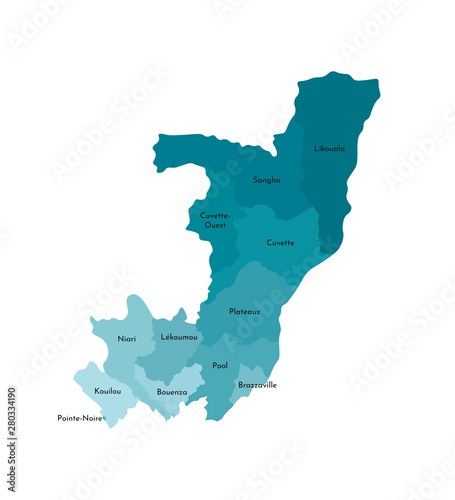 Vector isolated illustration of simplified administrative map of Republic of the Congo. Borders and names of the departments (regions). Colorful blue khaki silhouettes