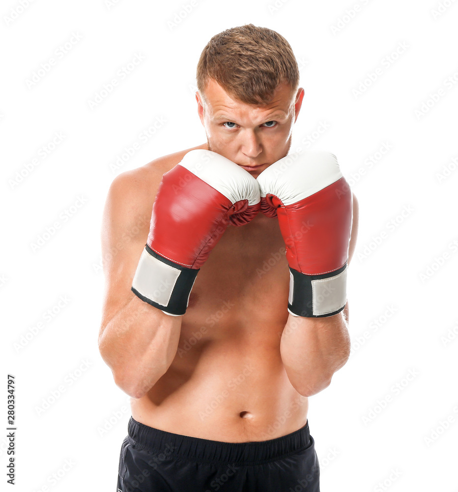 Strong male boxer on white background