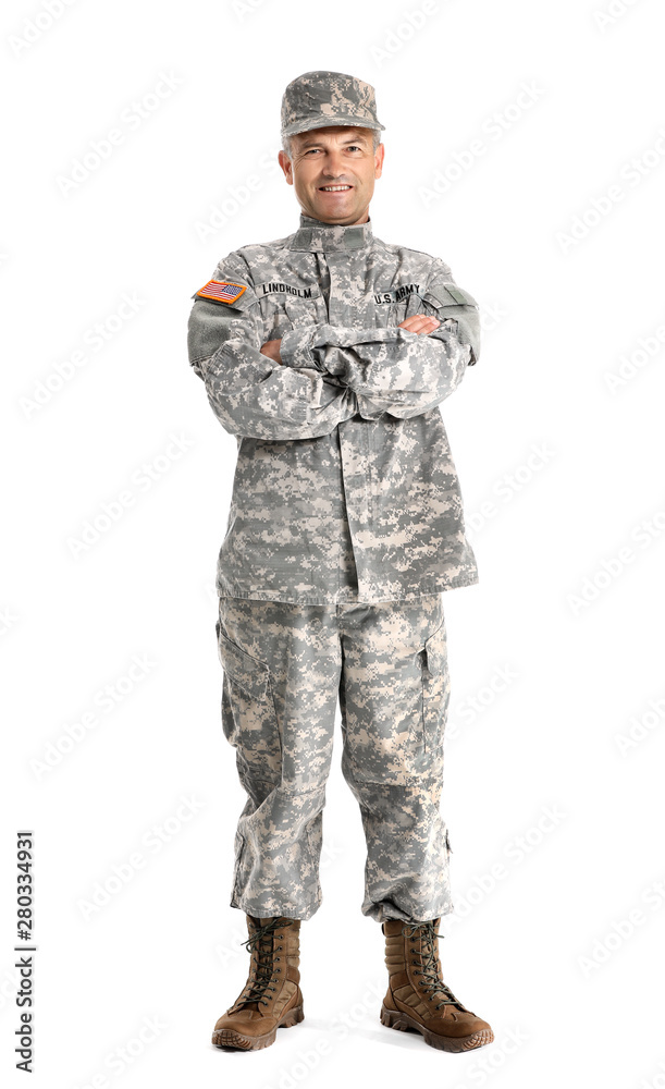 Mature male soldier on white background