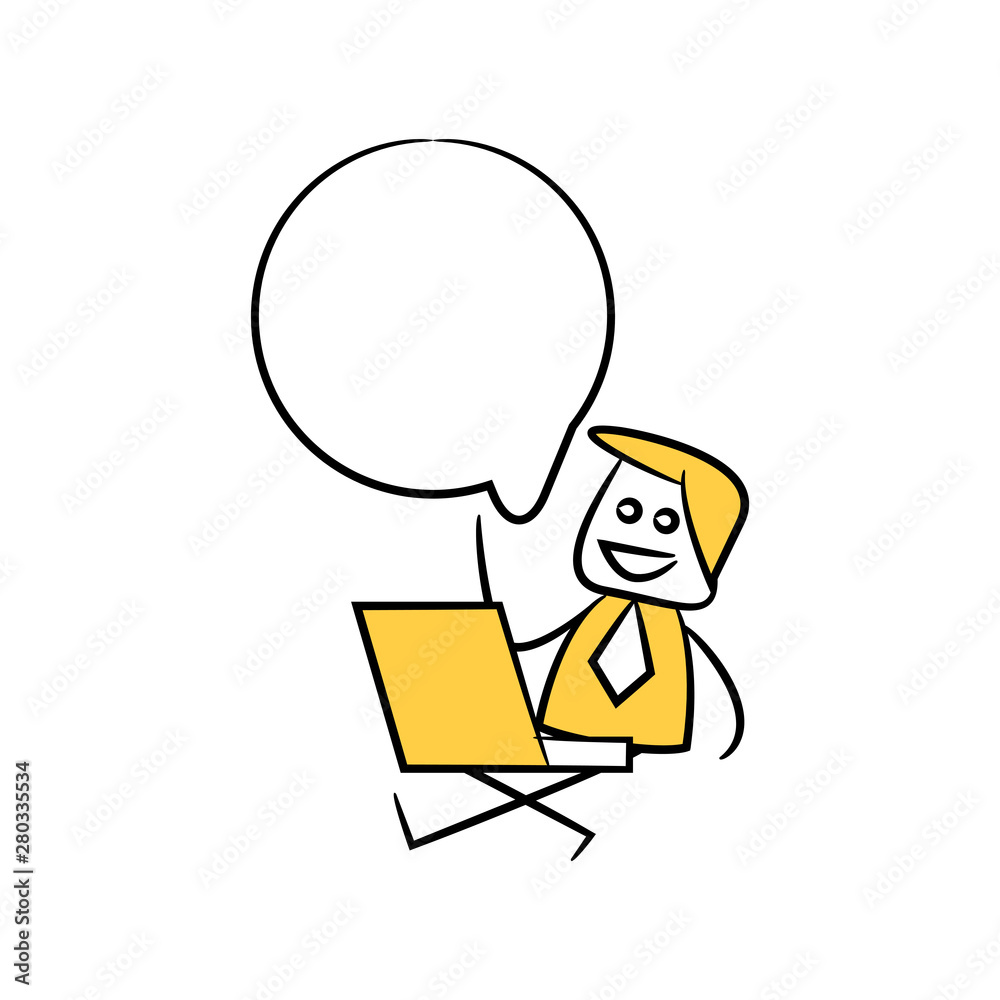 businessman sitting with laptop and speech bubble yellow stick figure theme businessman sitting with laptop and speech bubble yellow stick figure theme
