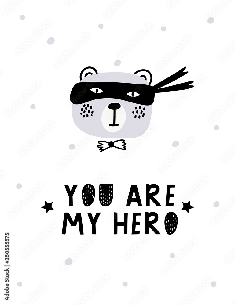 Baby print with bear, super hero. Hand drawn vector illustration for poster, card, label, banner, flyer, baby wear, kids room decoration. Scandinavian style.