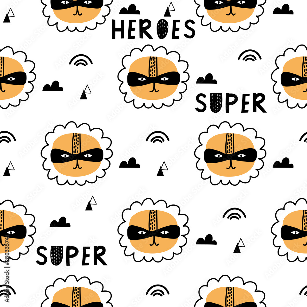 Seamless childish pattern with cute animals superheroes. Kids design for fabric, wrapping, textile, wallpaper, apparel. Vector illustration.