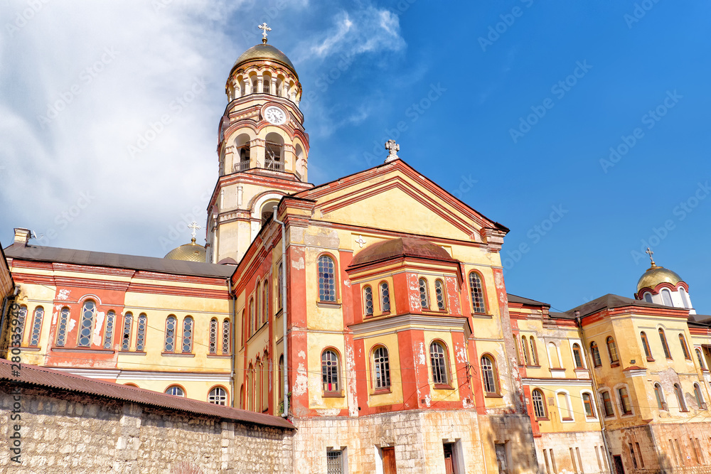 church building in city orthodox cathedral historical architecture urban landscape wide view of new afon christian monastery in abkhazia tourist travel attraction cityscape landmark