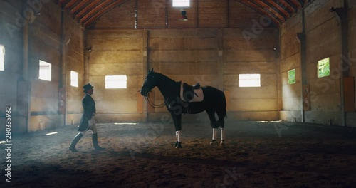 Cinematic slow motion of young male horsemanship master dressed in a professional apparel is caressing his bay horse before to start practising exercises for competition of horse racing and dressage photo