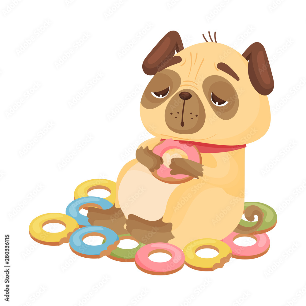 Fototapeta premium Pug with donuts. Vector illustration on white background.
