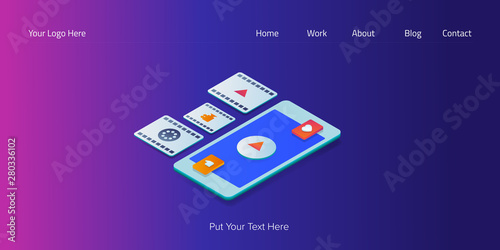 Video content promotion, watch online movie, social media, video content engagement isometric design concept with icons and text.